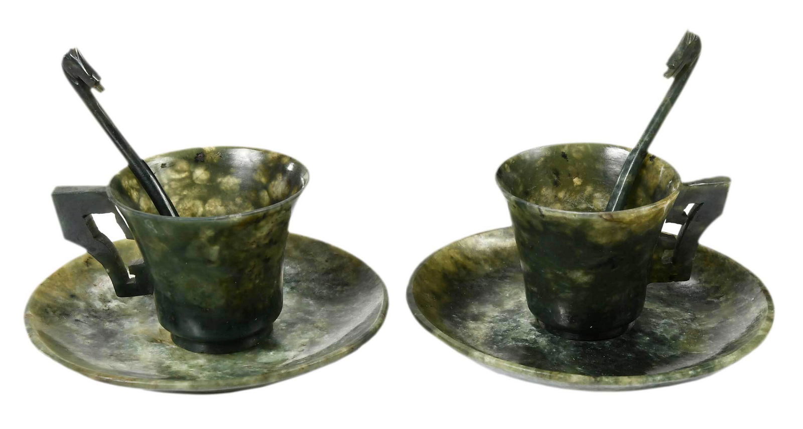 Pair of Chinese Spinach Jade Teacups and Saucers (1 of 18)