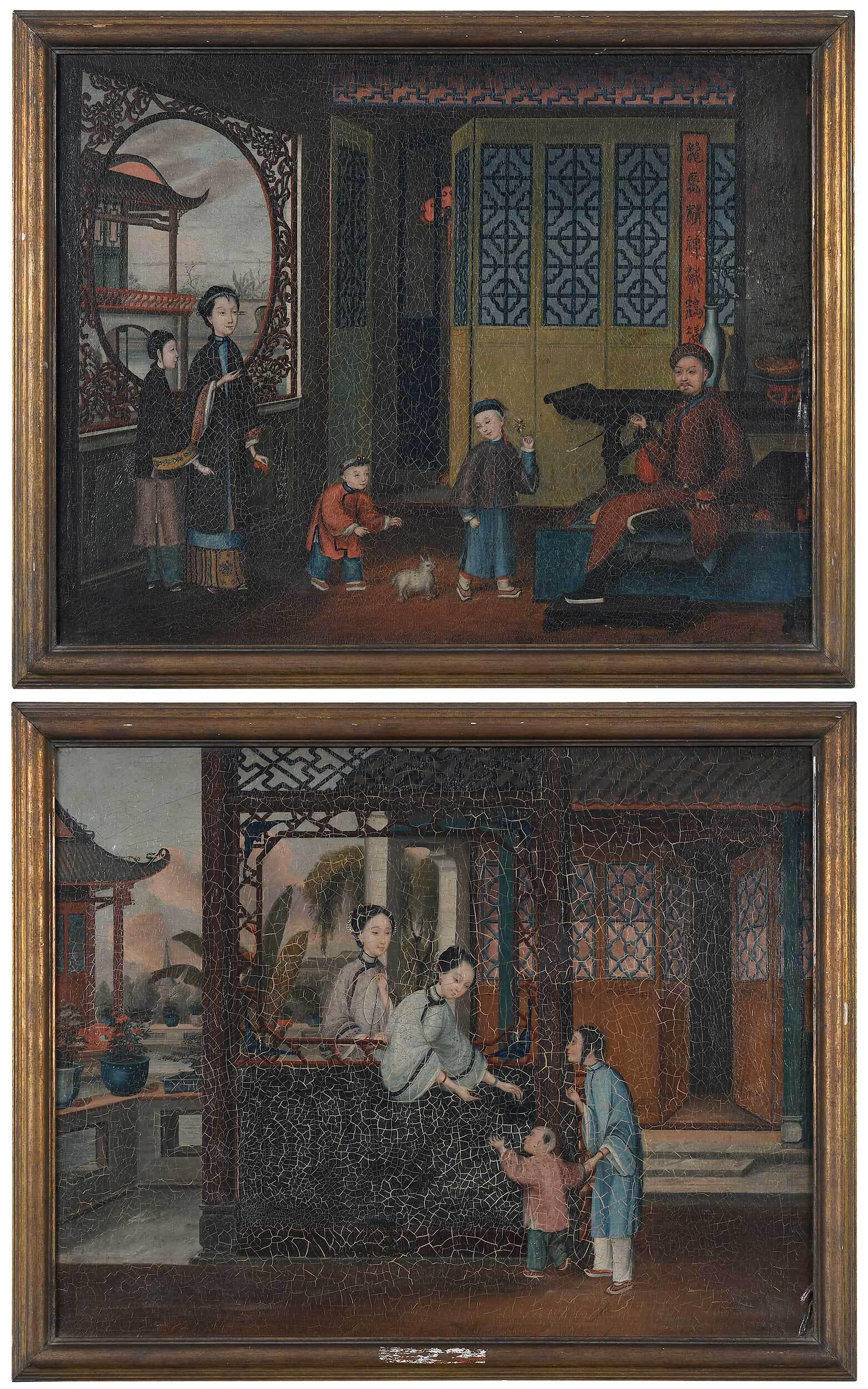 Fine Pair of Chinese Export Domestic Paintings (1 of 16)