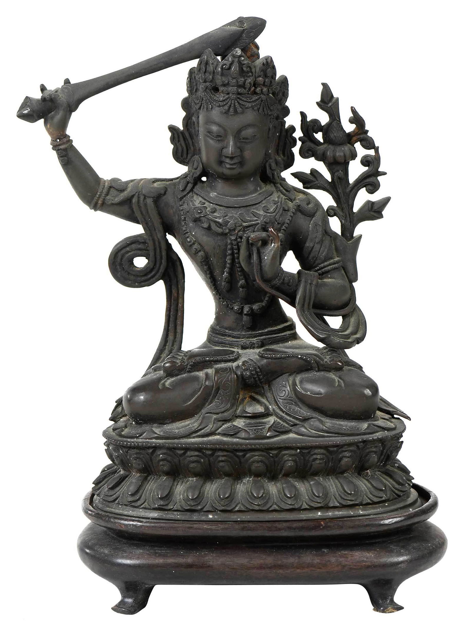 Bronze Manjushri Figure on Wood Stand (1 of 8)