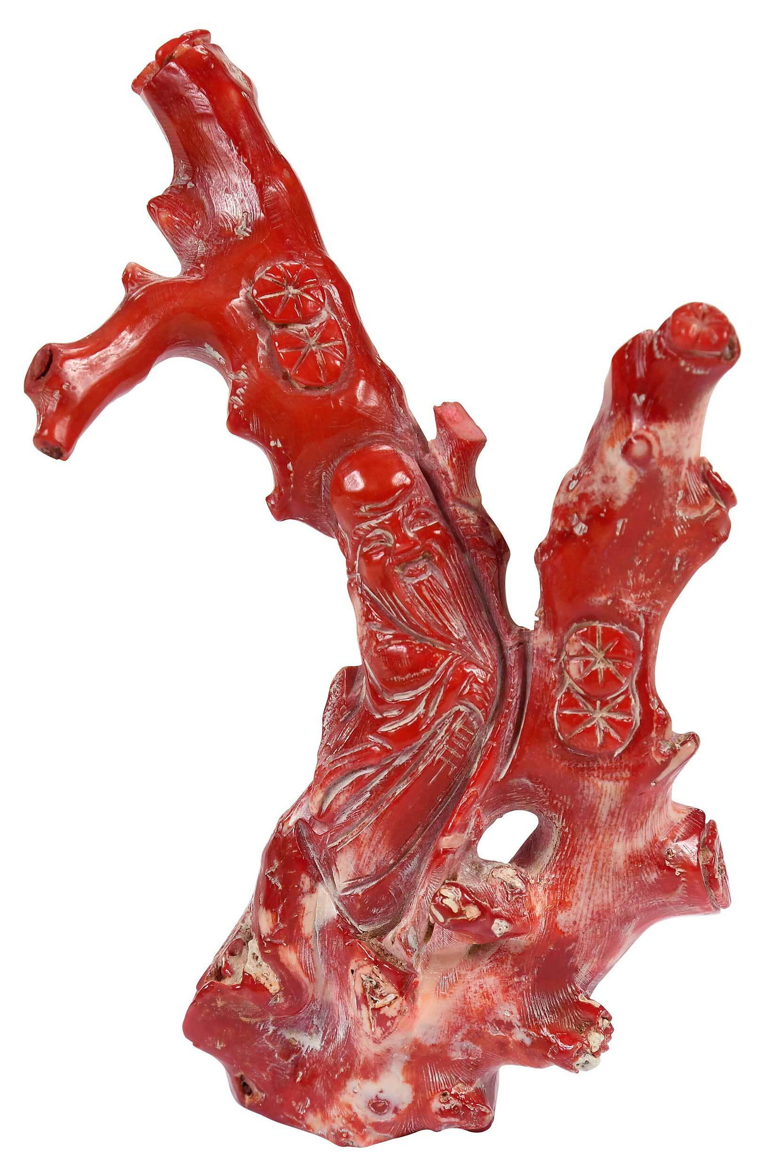 Chinese Carved Red Coral Fragment: with incised decoration of scholar holding ruyi scepter and floral decoration, 6-1/8 x 2-1/2 in. ?This lot contains animal or plant material that may be restricted under federal, state and/or local la
