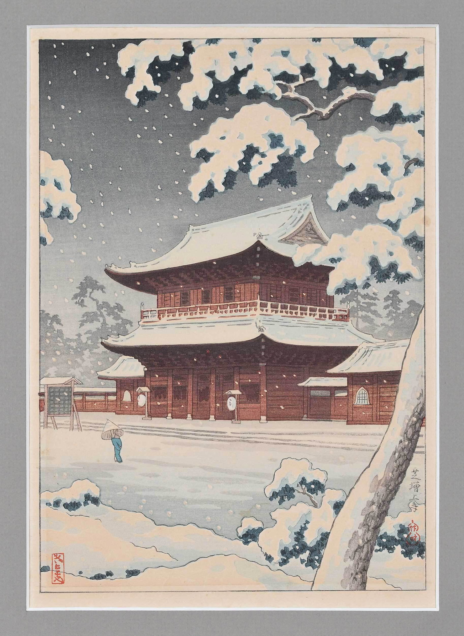 Koitsu Tsuchiya: (Japanese, 1870-1949) Shiba Zozoji Temple, circa 1930s, artist's signature and seal lower right, stamp for "H. Takemura & Co." verso (Hideo Takamura, publisher), rare, from a single small edition, woo