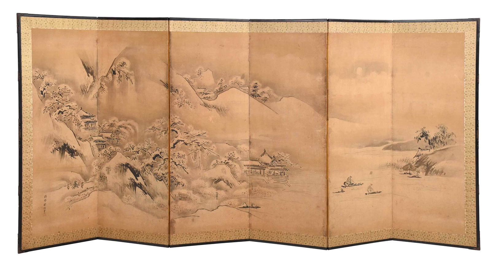 Japanese Six Panel Painted Folding Room Screen (1 of 10)