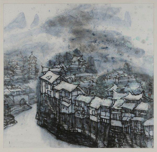 Li Baolin: (Chinese, born 1936), City View with Canal and Temple, artist name and two seals middle right, ink and watercolor on mulberry paper with blue-toned wet ink splashes on surface, mounted to silk at all