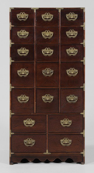 Brass-Mounted Hardwood Apothecary: Cabinet, Chinese, 20th century, figured veneers, possibly [huanghuali,] 19 drawers with brass pulls, 42 x 14 x 20 in., good condition, light surface wear and scratches Provenance: A Private Hong Kong 