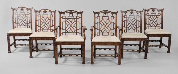 Set of Six Chinese Chippendale Style: Mahogany Dining Chairs, Philippines, 20th century, each with carved and pierced back and blind-fret carved legs and skirts, two armchairs 40-1/2 x 24-1/4 x 24 in., four side chairs 39-1/2 x 20 x 22 in