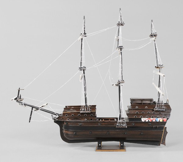 Hardwood Ship's Model: modern, probably Chinese, in the form of a three-masted galleon, 40 x 44 x 8 in., breaks and separations to masts and mast platforms, one with later braces, other varnish inconsistencies and flaws lar