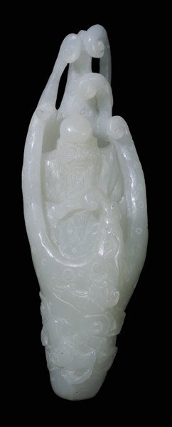 White Jade Sculpture: Chinese, Qing dynasty, translucent figure, Shoulao in center of finger citron, two bats at base, 3-1/2 in., good condition Provenance: Private Collection
