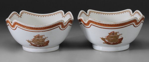 Two Shaped Export Ware Porcelain Bowls: Chinese style, unmarked, iron red and gilt galleon motifs with spread eagle and American shield on topmost sail, 4-1/2 x 9-1/2 in., each with wear to gilt on foot and wax residue in interior, otherwis