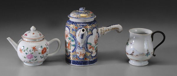Three Pieces Chinese Porcelain: 18th/early 19th century: teapot with pistol-grip handle, three cobalt-bordered cartouches with figures in exterior settings, gilt highlights, 7-3/4 in., [lid with old repair and chip, minor wear to gi