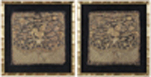 Embroidered Military [Buzi]: (Badge Set), Chinese, 19th century, made for a robe of the spouse of a military official of the second rank, silk and tri-color metallic thread couching and split stitches on blue/black silk satin-wea
