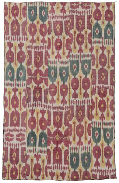 Silk and Cotton Ikat: Central Asia, probably early 20th century, five panels, glazed cotton and silk blend, printed cotton backing and binding, 48 x 82 in., scattered stains, surface abrasions Provenance: Given to consigno