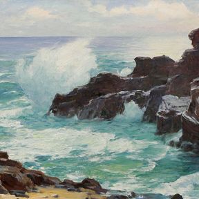 Joseph H. Sharp painting,: Hawaiian coastal scene, titled verso backing "Windward Koko Head Honolulu", signed lower left "J.H. Sharp" (Joseph Henry Sharp, California, 1859-1953), oil on canvas, 20 x 24 in.; original carved and