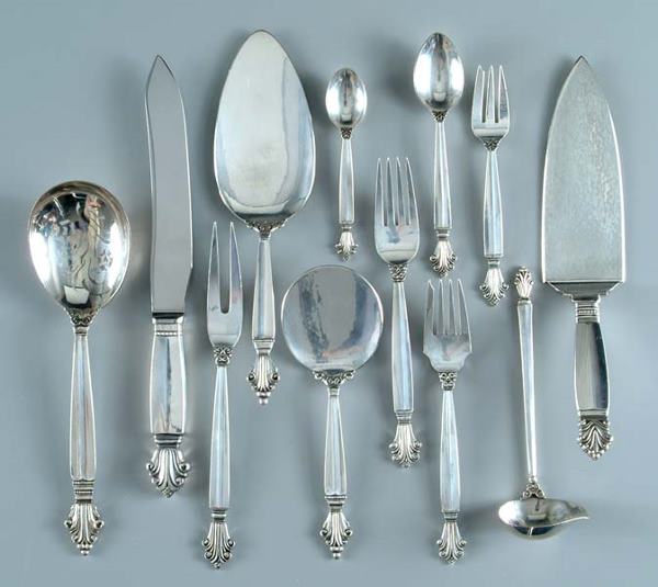 Georg Jensen Acanthus flatware: 151 pieces sterling silver flatware, Acanthus by Georg Jensen, Denmark, designed by Johan Rohde, no monogram; detailed list available. Average wear.