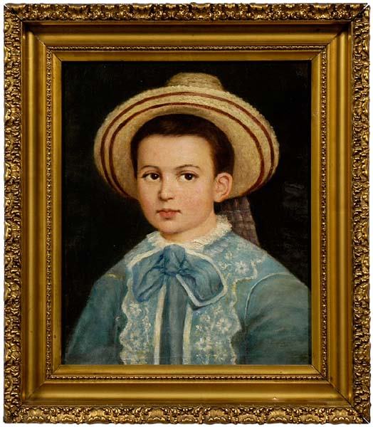 Painting by Henri Douzil: (French (Nimes), 1837-1891), portrait of Henri Couteron in a hat, signed lower left "H. Douzil '85", oil on canvas, inscribed verso on stretcher "Henri Leon Couteron…age de 4 ans Nime…", 18-3/8 x