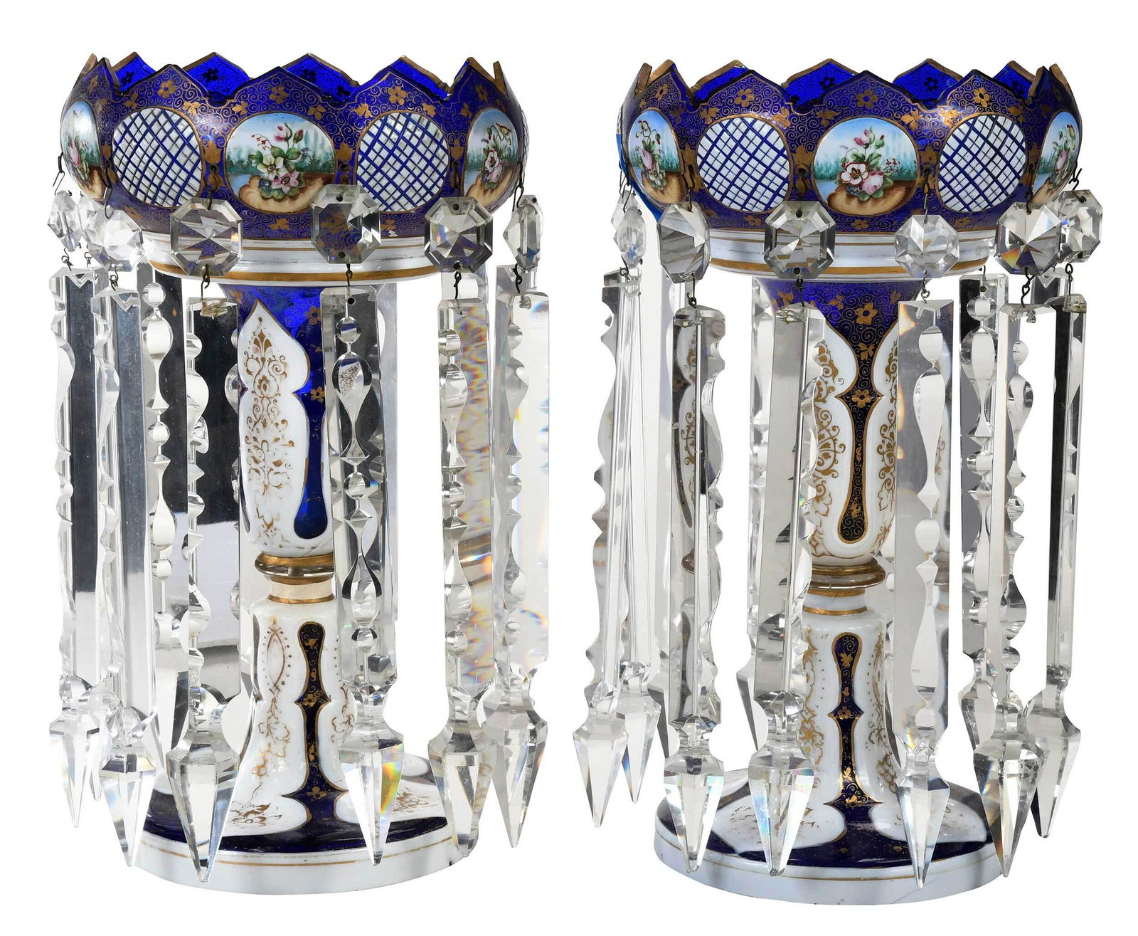 Pair of Bohemian Cobalt and White Glass Lusters (1 of 9)