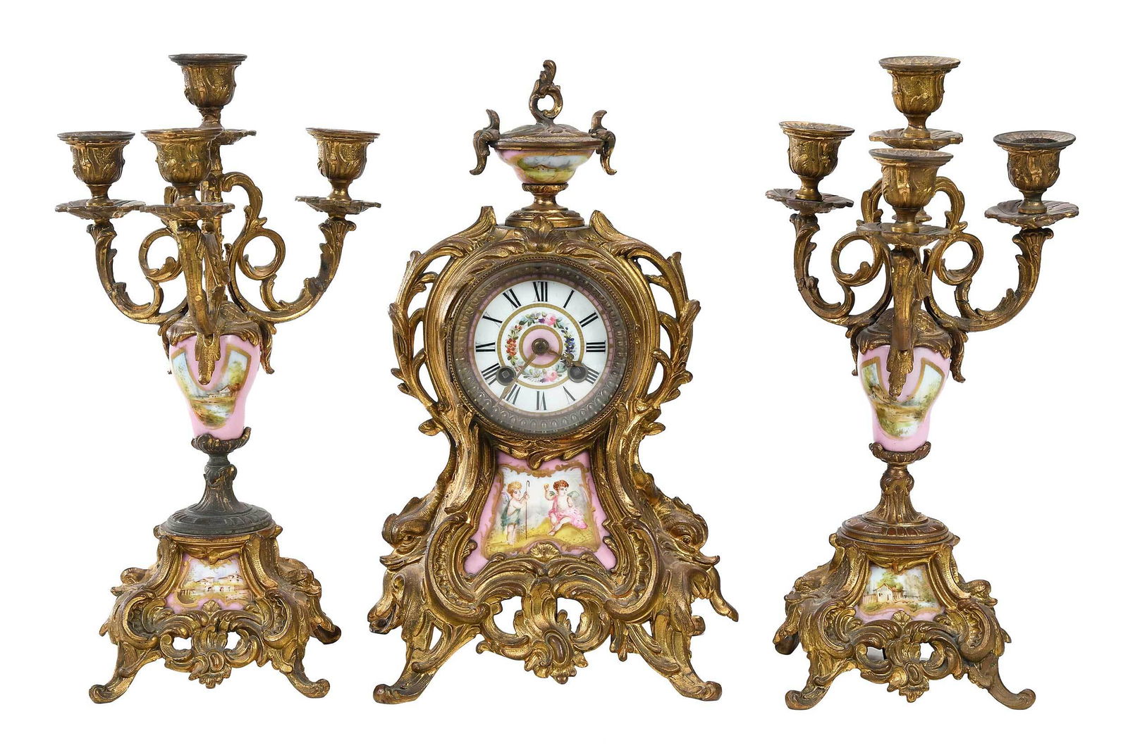 French Sevres Style Porcelain Mounted Clock Garniture (1 of 9)