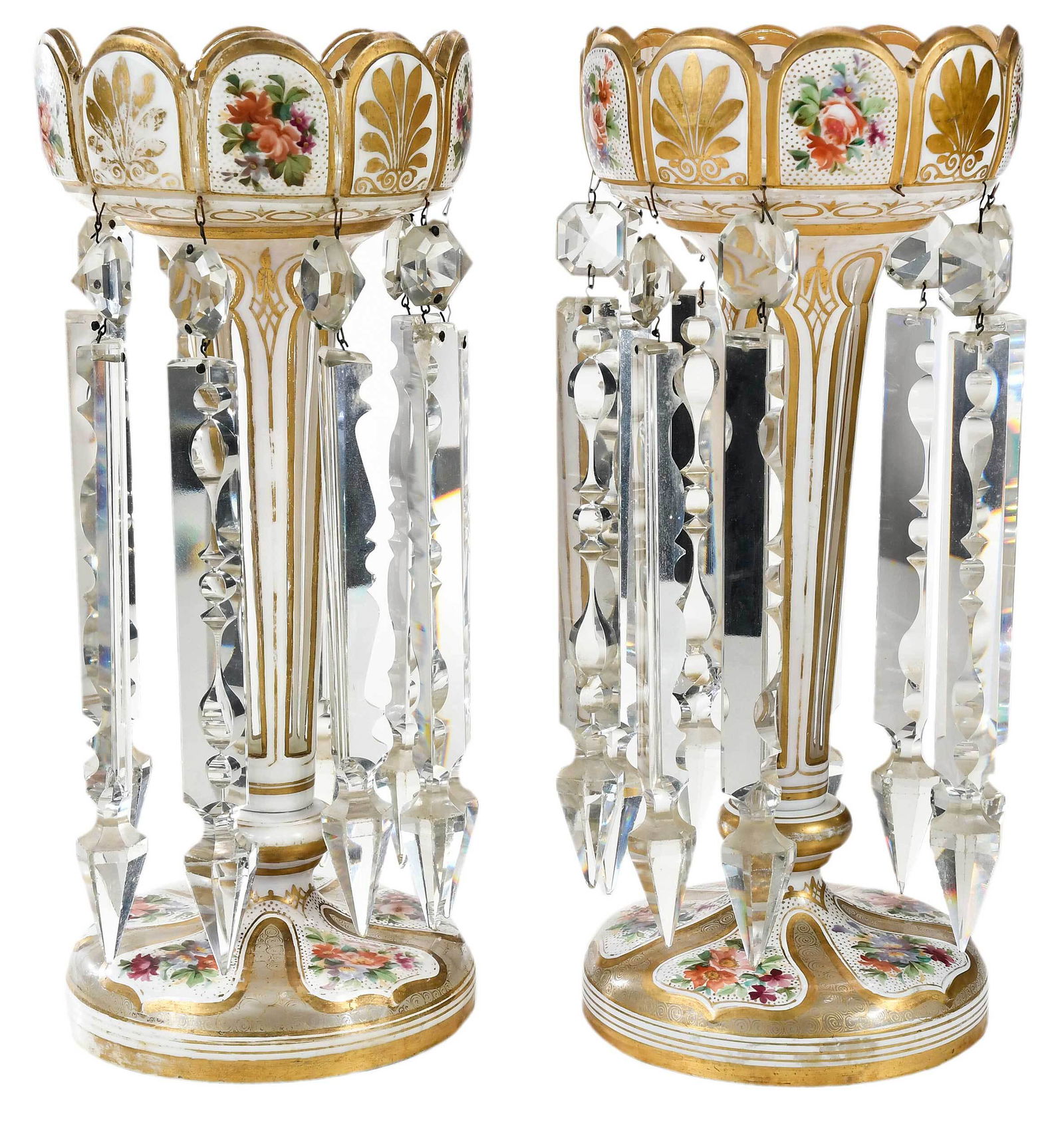 Pair of Bohemian White Glass Gilt Decorated Lusters (1 of 9)