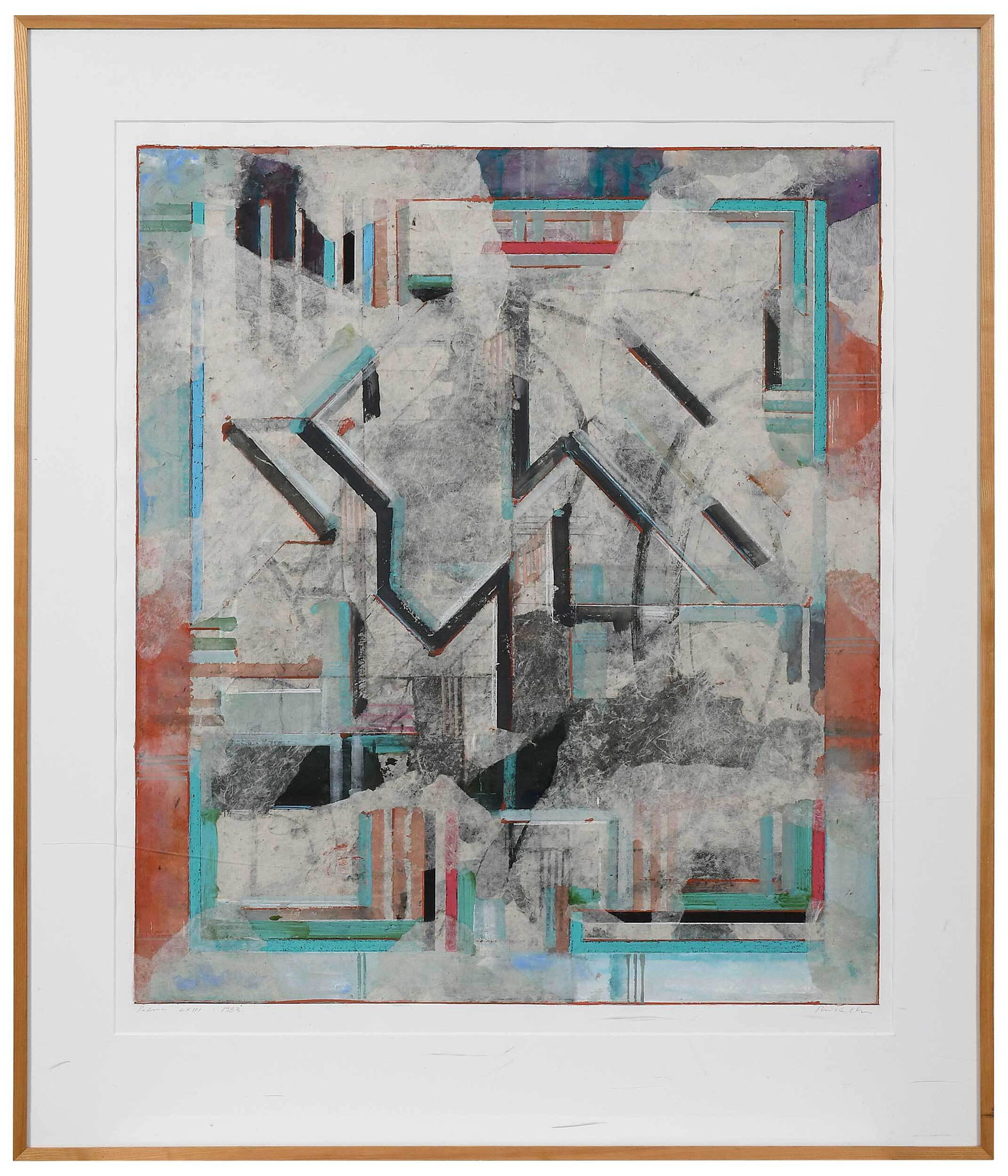 Robert Kelly: (New York/Massachusetts, born 1956) Padma LXIII, 1983, signed lower right "Robert Kelly" and inscribed with title, mixed media with collage, sight 41-3/4 x 35-1/4 in.; wood frame, 52-1/2 x 44-1/2 in.