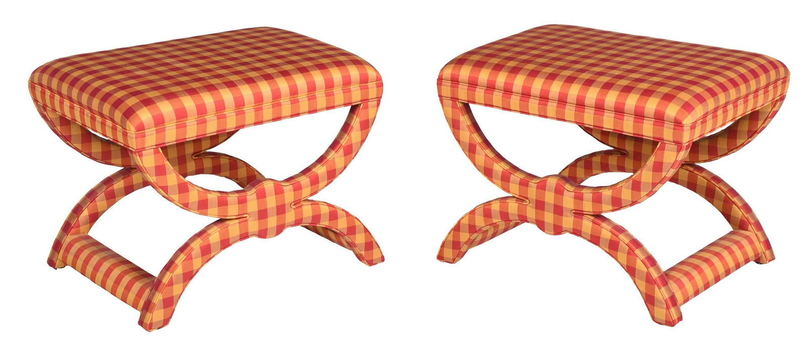Pair Modern Plaid Upholstered Footstools (1 of 5)