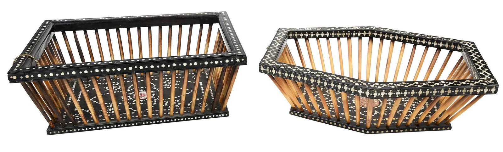 Two Anglo-Indian Quill and Bone Inlaid Baskets: 19th century, ebonized wood and quill frames with inlaid bone or ivory dot decoration, one of rectangular form, 4 x 11 x 8 in. at top rail; one of hexagonal form, 3-1/2 x 11-1/4 x 9-1/4 in. Note: ?Thi
