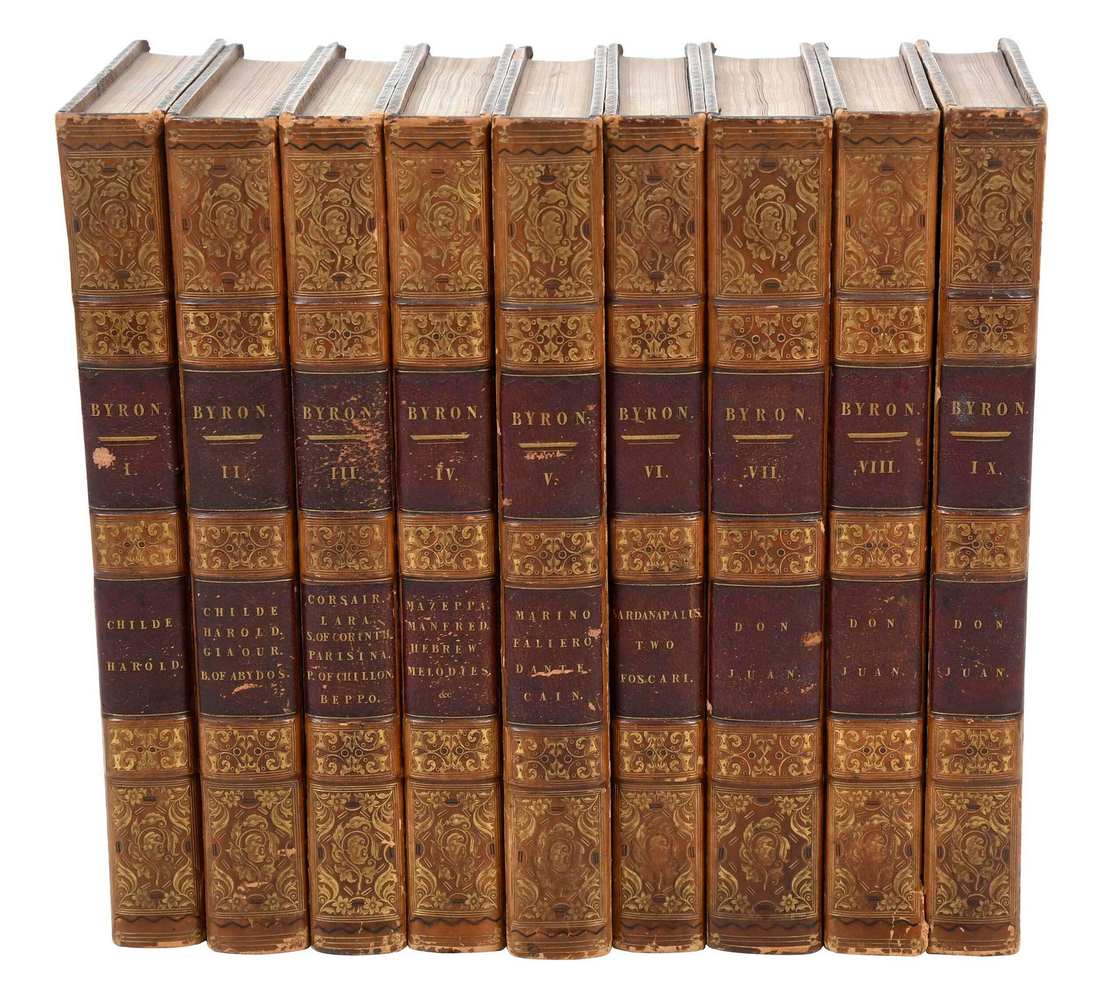 The Works of Lord Byron, Nine Volumes: London: John Murray, MDCCCXXV, leather binding, gilt lettering at spine, aeg, volumes I through IX comprising Childe Harold, The Giaour, The Bride of Abydos, The Corsair, Lara, The Siege of Corinth, P