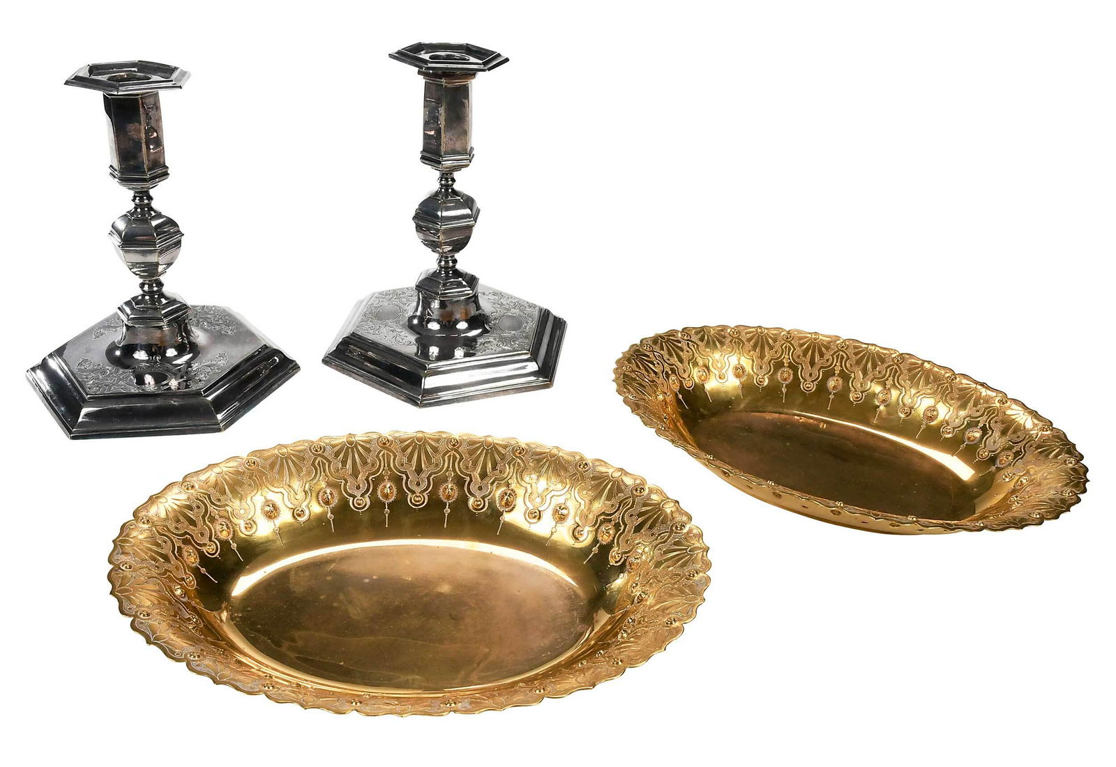 Pair of Silver Plate Candlesticks and Gilt Metal Bowls (1 of 7)
