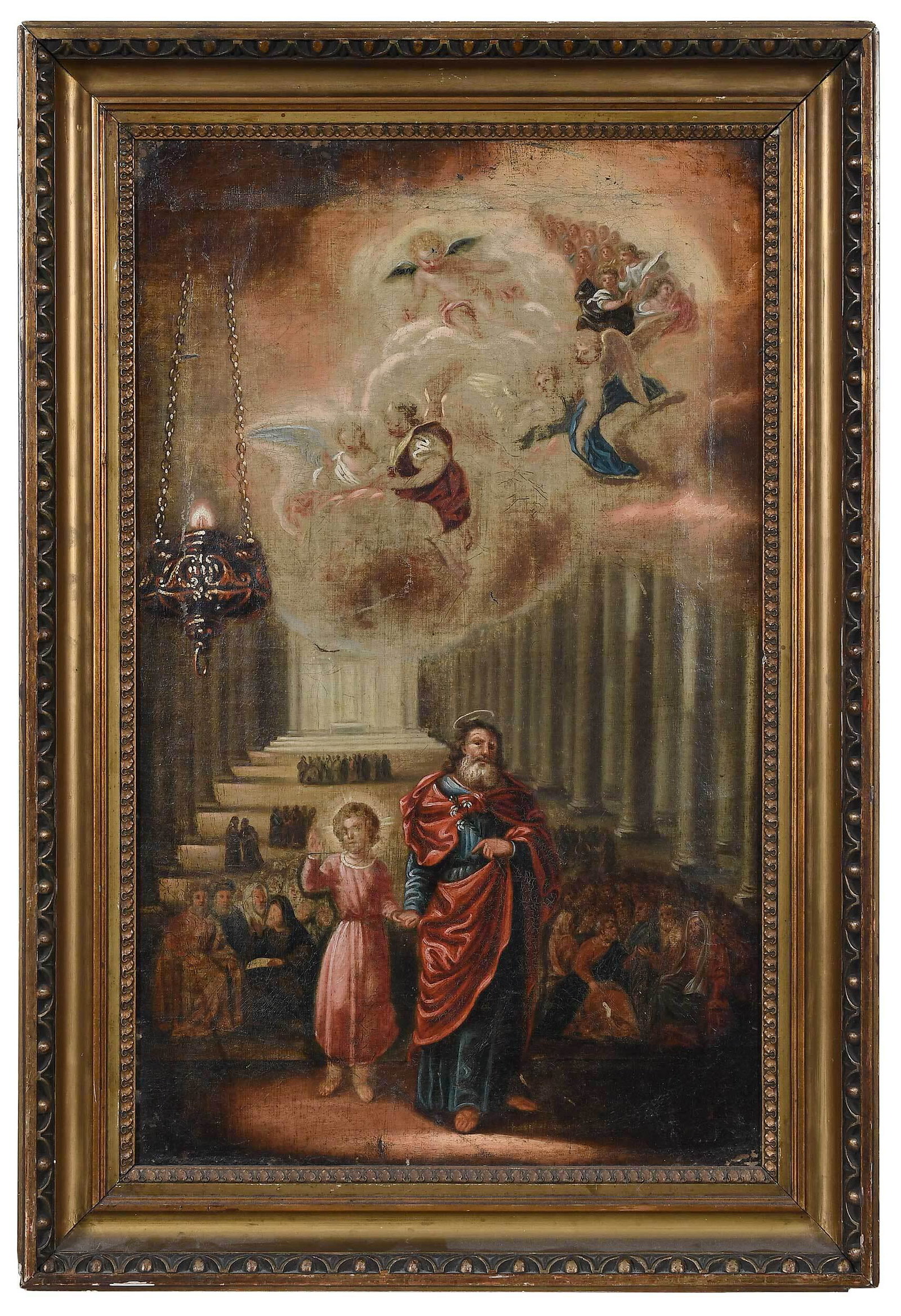 Attributed to Stephan Dorffmeister: (Austro-Hungarian, 1725-1797) Joseph Finds Jesus in the Temple, 1763, inscribed verso panel "Festette/Dorfmeister Istvan/Ano Homini 1763/Koszegen", oil on canvas laid on panel, 25-3/4 x 15-3/4 in.; gi