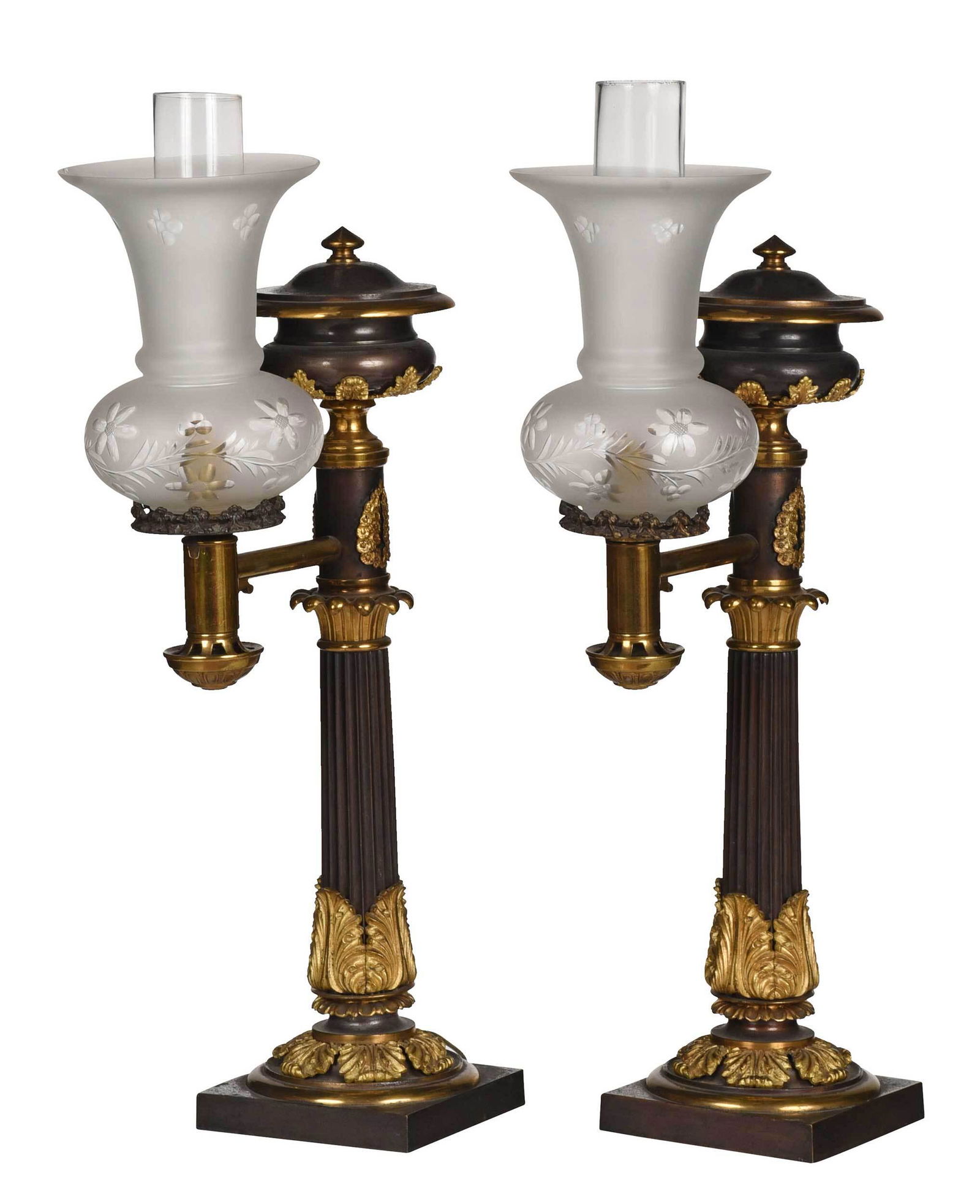 Pair of Gilt Bronze Argand Lamps with Shades (1 of 7)