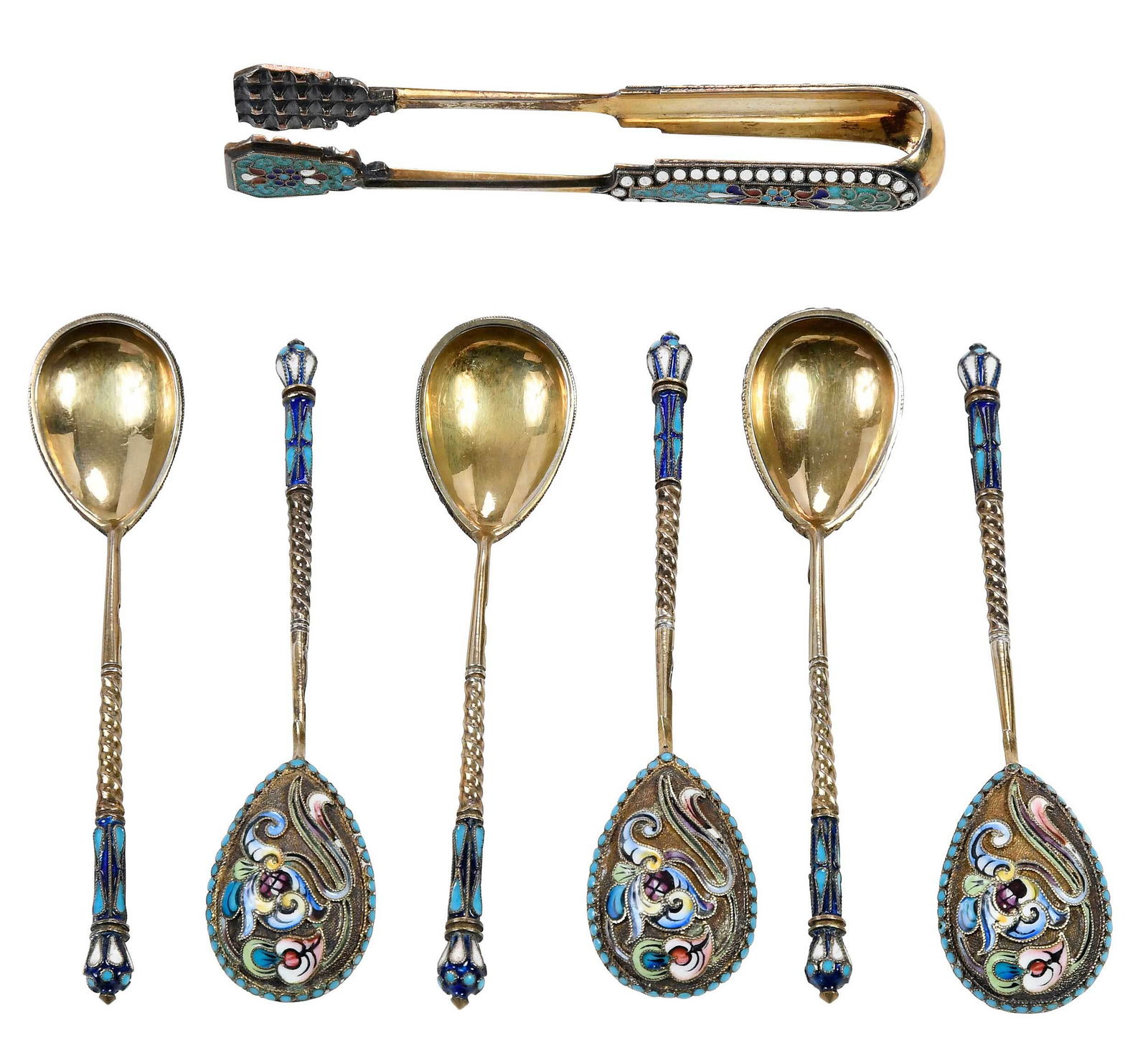 Seven Russian Silver and Enamel Spoons and Tongs (1 of 7)