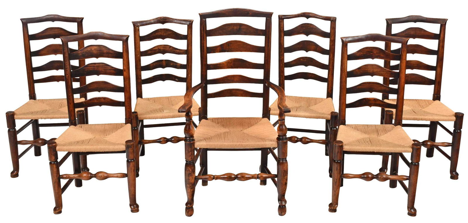 Set of Seven Lancashire Ladder Back Rush Seat Dining Chairs (1 of 14)
