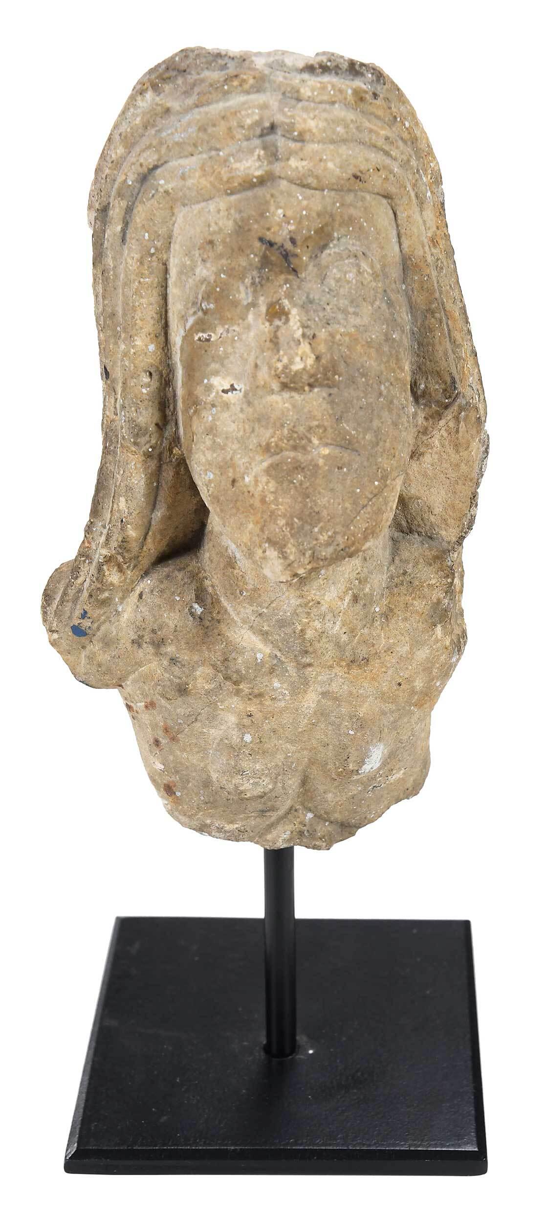 Carved Romanesque Limestone Head on Stand (1 of 6)