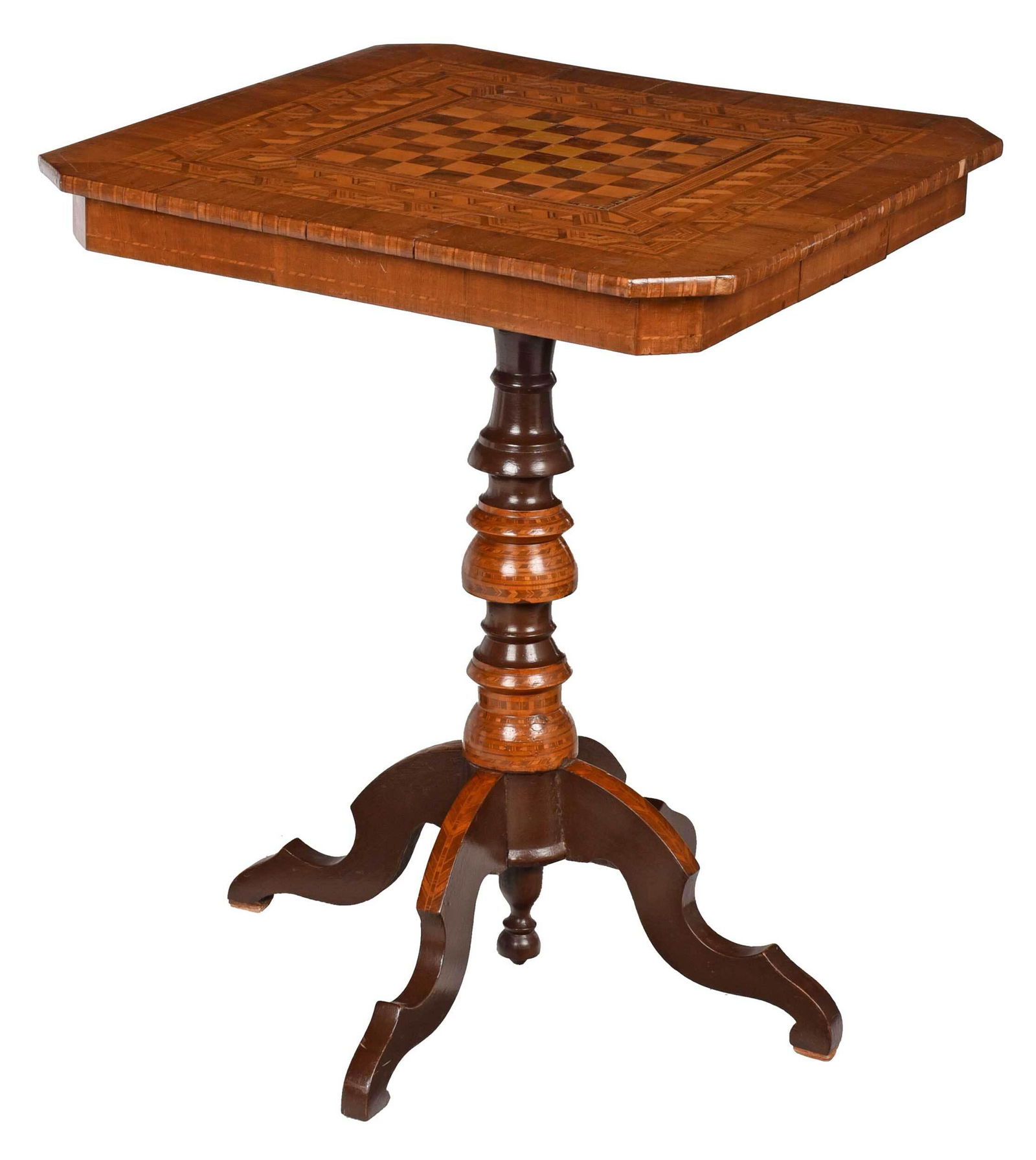 Folk Art Inlaid Walnut Pedestal Games Table (1 of 9)