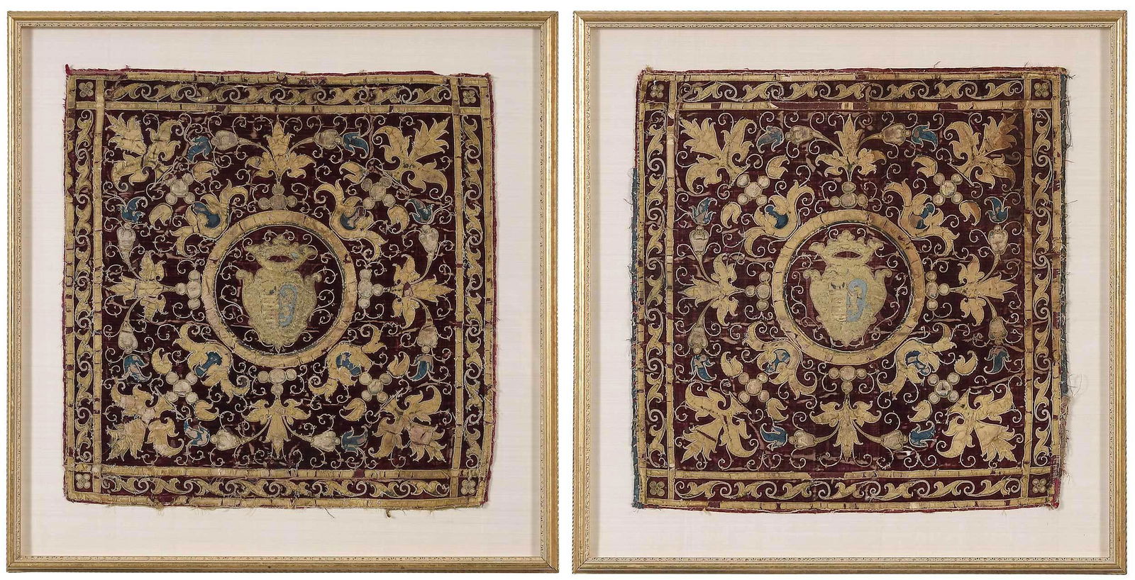 Pair of Framed Armorial Textile Panels (1 of 8)