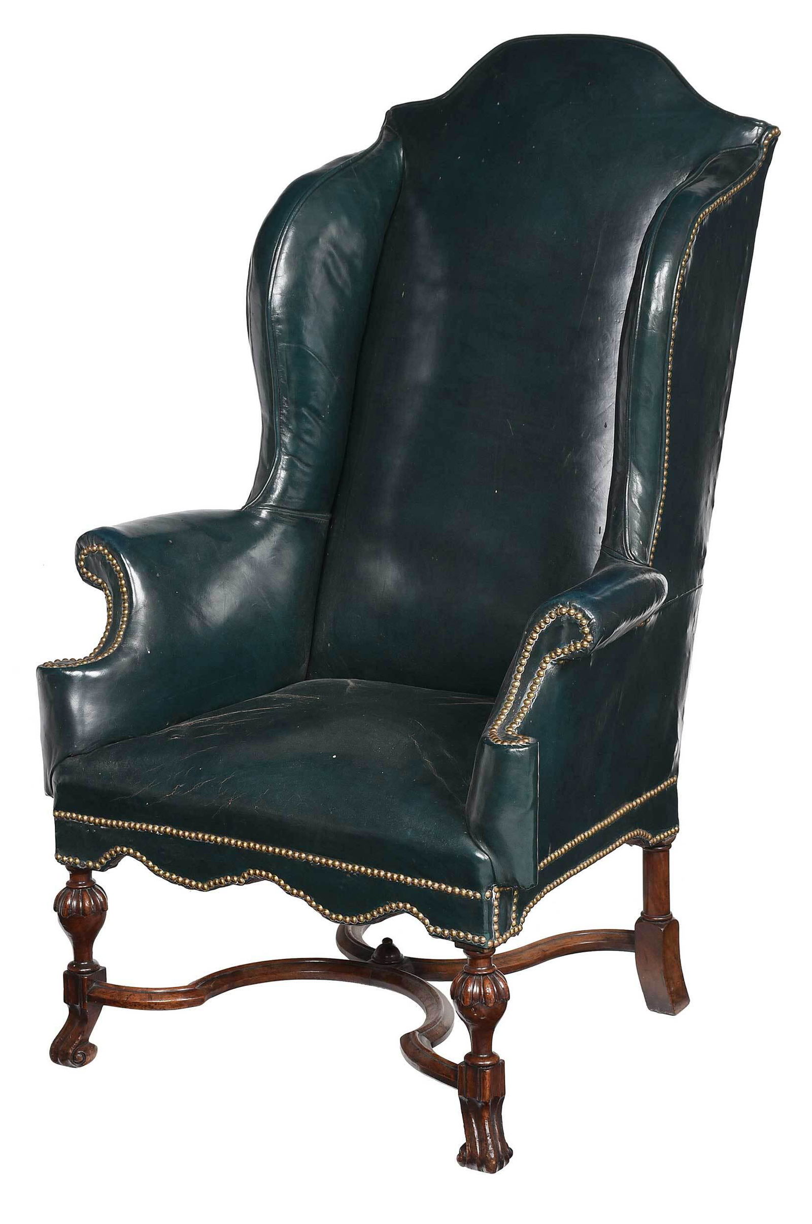 William and Mary Style Walnut and Green Leather Upholstered Wing Chair (1 of 8)