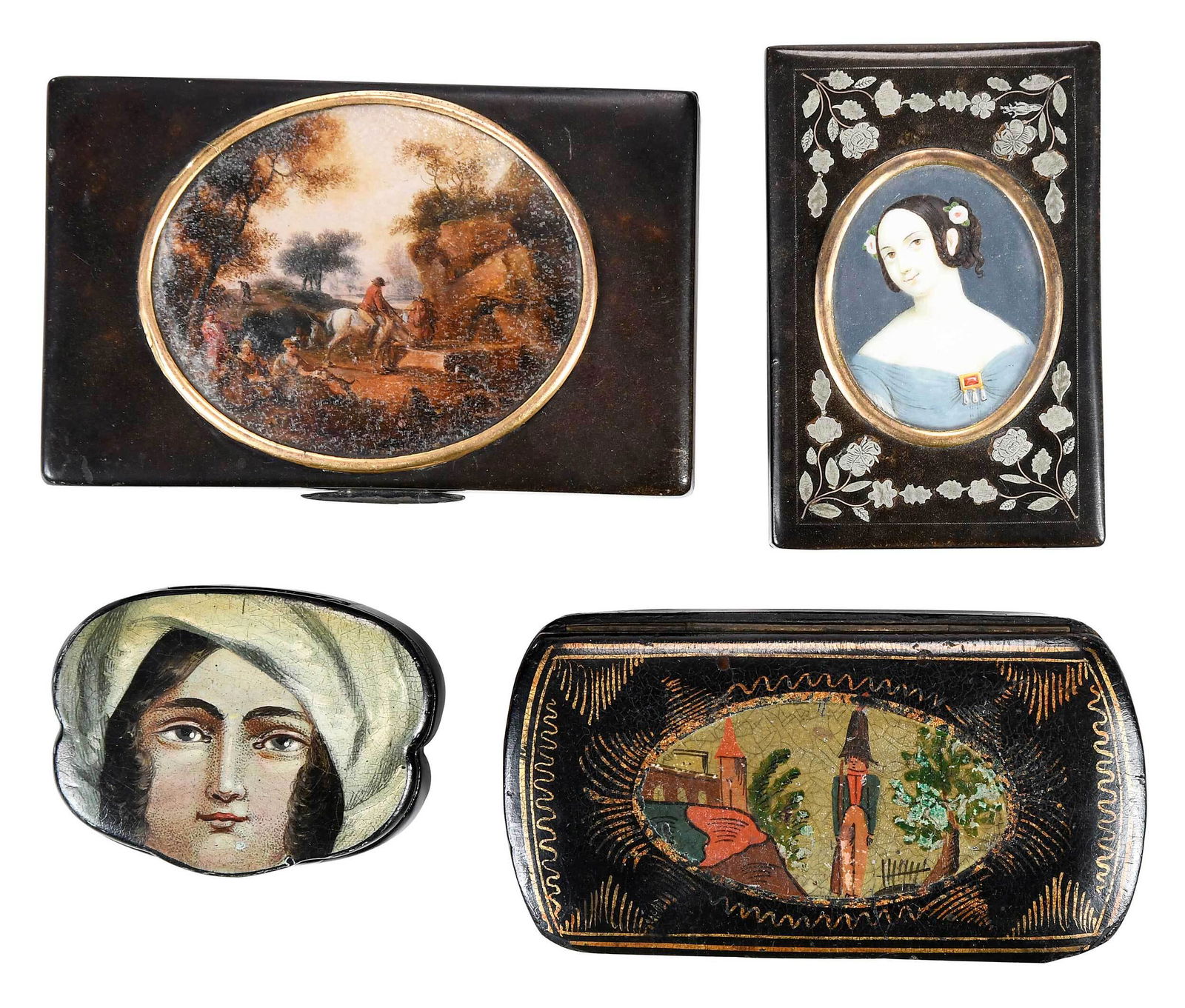 Group of Four Painted Decorative Boxes: Continental/British, 19th century, various forms in horn and lacquered wood, hinged lids with painted portrait and landscape scenes, one with silver floral embellishments, two with price tags for $1,1