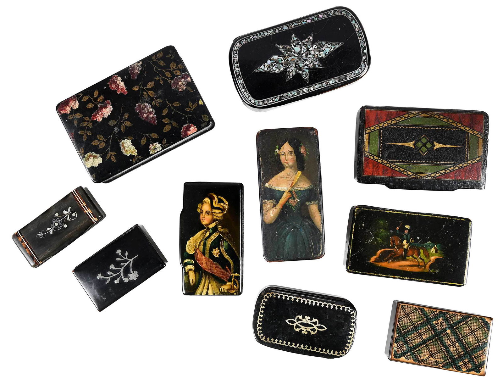 Ten Black Lacquered Snuff Boxes / Painted (1 of 8)