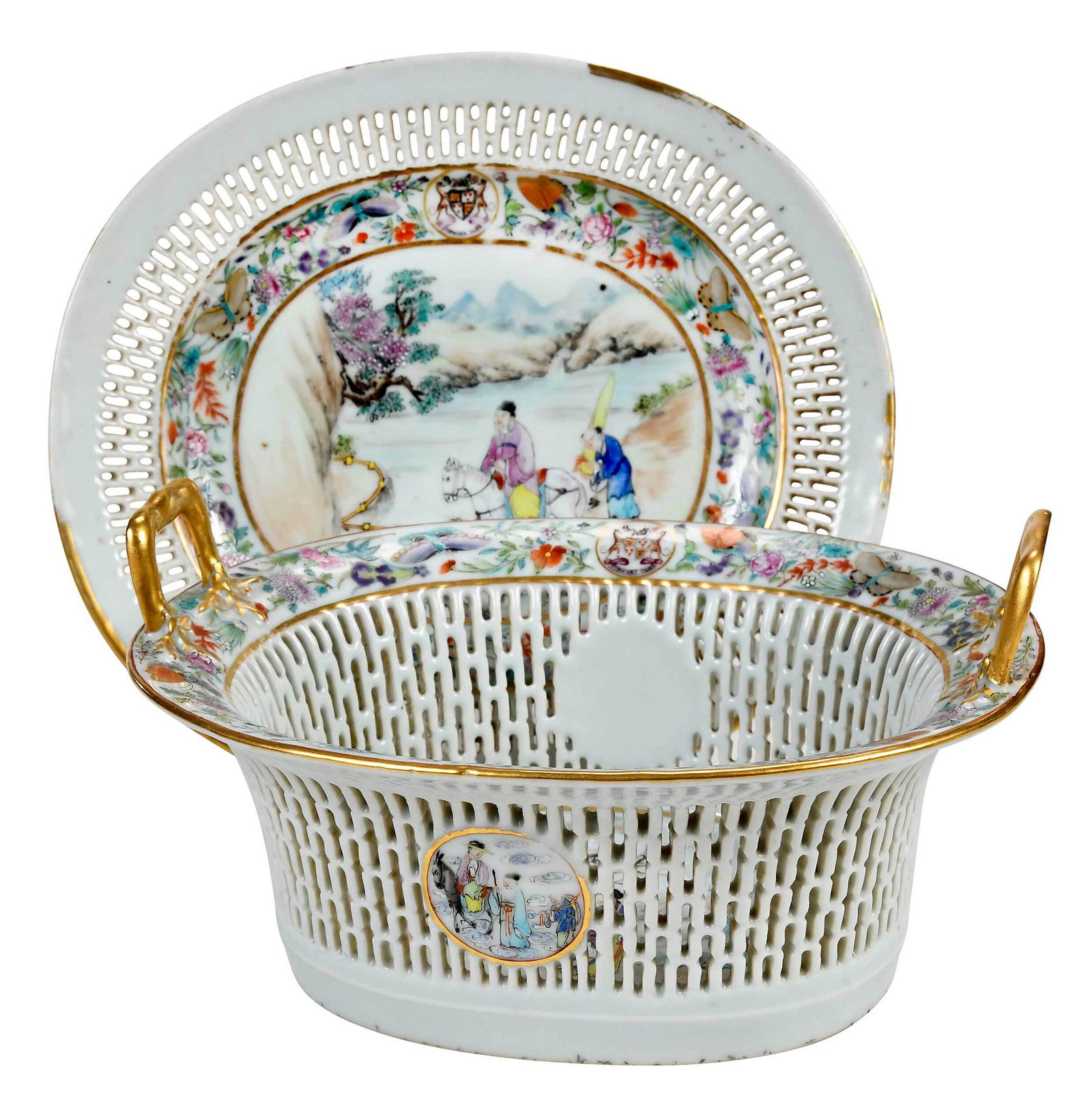 Chinese Export Armorial Pierced Basket and Stand, Seton (1 of 17)