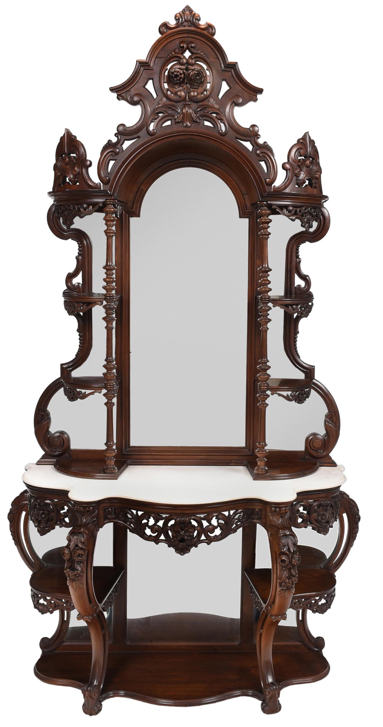American Rococo Revival Carved Laminated Rosewood Marble Top Etagere (1 of 15)