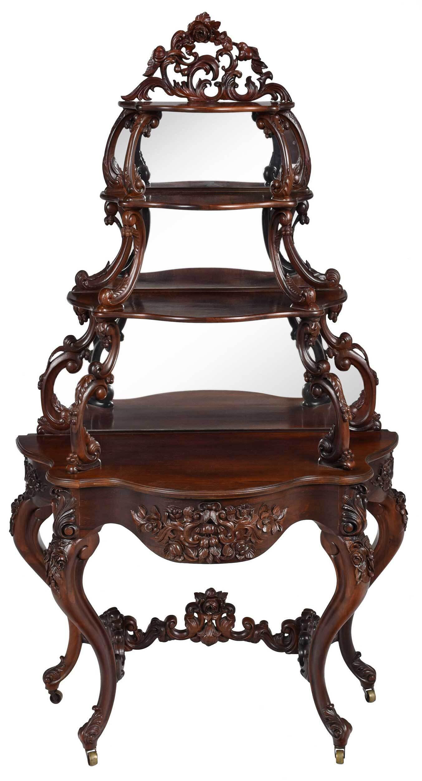 American Rococo Revival Carved Rosewood Mirror Back Etagere (1 of 8)