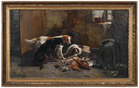 John Sargent Noble Sporting Painting: (British, 1848-1896) Proud Days Catch, hounds and a spaniel in a kitchen, signed lower left "J. S. Noble", oil on canvas, 24 x 41 in.; possibly original gilt wood and composition frame, 29-1/2 x 46-7/