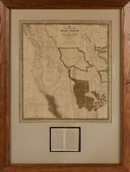 "New Map of Texas, Oregon and: California" published by S. Augustus Mitchell, Philadelphia, pocket map marked lower left "...1845 by H.N. Burroughs…", under mat is the accompaniment to "Mitchell's New Map", 20-1/2 x 22-1/2 in. (s