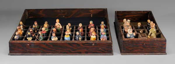 Alabama WPA Figures: one set of 32 figures depicting characters from Chaucer's [Canterbury Tales,] molded and painted chalkware, each character identified on back of base, "The Squire", "The Yeoman", "The Prioress", etc.,
