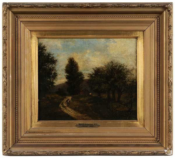David Johnson: (New York, 1827-1908) Along The Wooded Path, 1874, signed lower left "D. Johnson 1874", oil on canvas, 10 x 12 in.; 19th-century gilt wood and composition frame, restretched on old stretcher, lined, c