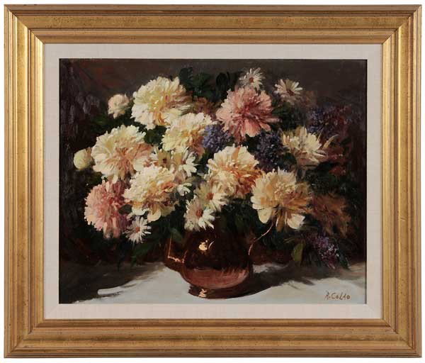 Rudolph Colao: (Massachusetts/Maine, born 1927) "Peonies and Copper", signed "R. Colao" and titled verso on label, oil on Masonite, 16 x 20 in.; gilt wood frame, two points of chipping at top edge; frame with abrasi