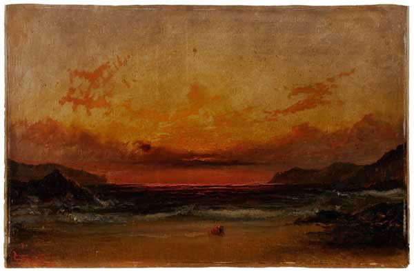 Alexander Charles Stuart: (Pennsylvania, 1831-1898) Sunset, signed lower left "Stuart", oil on artist board, unframed, 11-7/8 x 18-3/8 in., board slightly convex, retouch at points in sky, crackle, abrasions, grime Provenance: