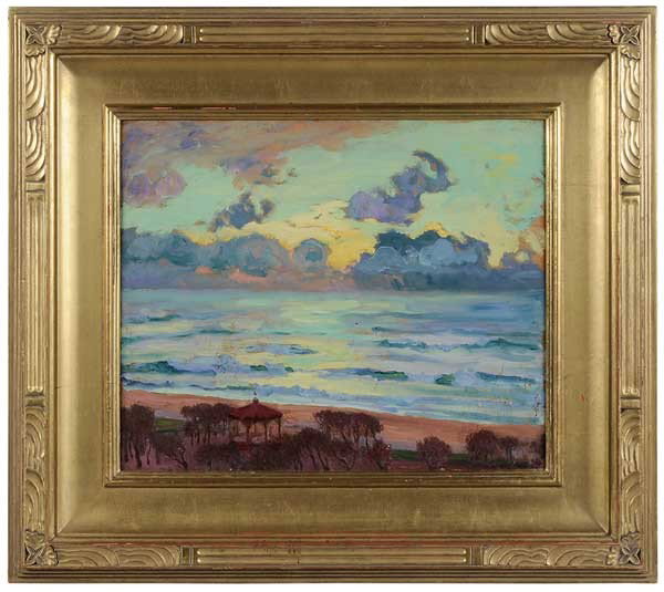 William Samuel Horton: (New York/France, 1865-1936) Stormy Sundown, Biarritz, France, circa 1909, estate stamp verso and "L-244", oil on panel, 14-1/2 x 18 in.; fine carved and gilt wood Arts and Crafts style frame, accreti