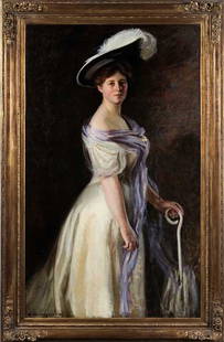 Arthur Merton Hazard: (Massachusetts/California, 1872-1930) Portrait of a Woman in Plumed Hat, holding an umbrella, signed lower right "A.M. Hazard'05", oil on canvas, 60 x 36 in.; gilt wood and composition frame, lined wi