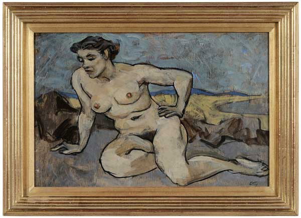 Emlen Pope Etting: (Pennsylvania, 1905-1993) "Nude on a Beach", circa 1940, signed lower right "Etting" and titled on label verso, oil on artist board, 10-1/8 x 15-1/4 in.; gilt wood frame, abrasions at left edge Proven