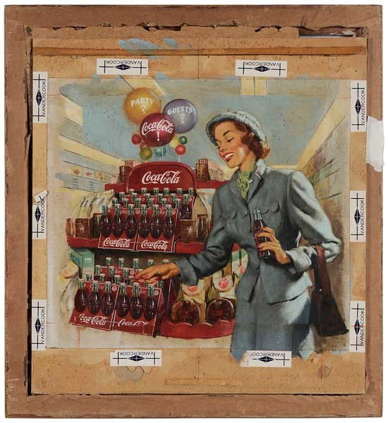 Attributed to Haddon Hubbard Sundblom: (Illinois, 1899-1976) Coca-Cola Ad Illustration, circa 1949, "Shop Refreshed…Have a Coke…", unsigned, oil on canvas laid on card, 15-7/8 x 17-3/4 in. (canvas size); wood frame, yellowed varnish, s