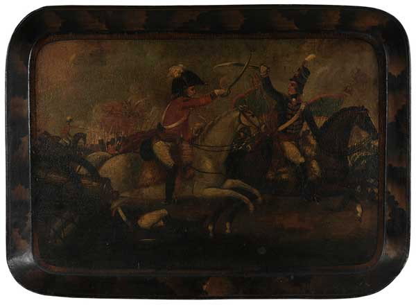 Napoleonic Painted Tole Tray: British or French, 19th century, depicting a battle with cannons and figures on horseback, stenciled leaf surround, 30 x 22 in. good condition, paint surface with alligatoring, minor surface dirt and